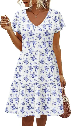 HOTOUCH Women's Casual Tiered Dress with Pockets V Neck Ruffle Dress Cap Sleeve Swing Mini Dress A-Line Dresses