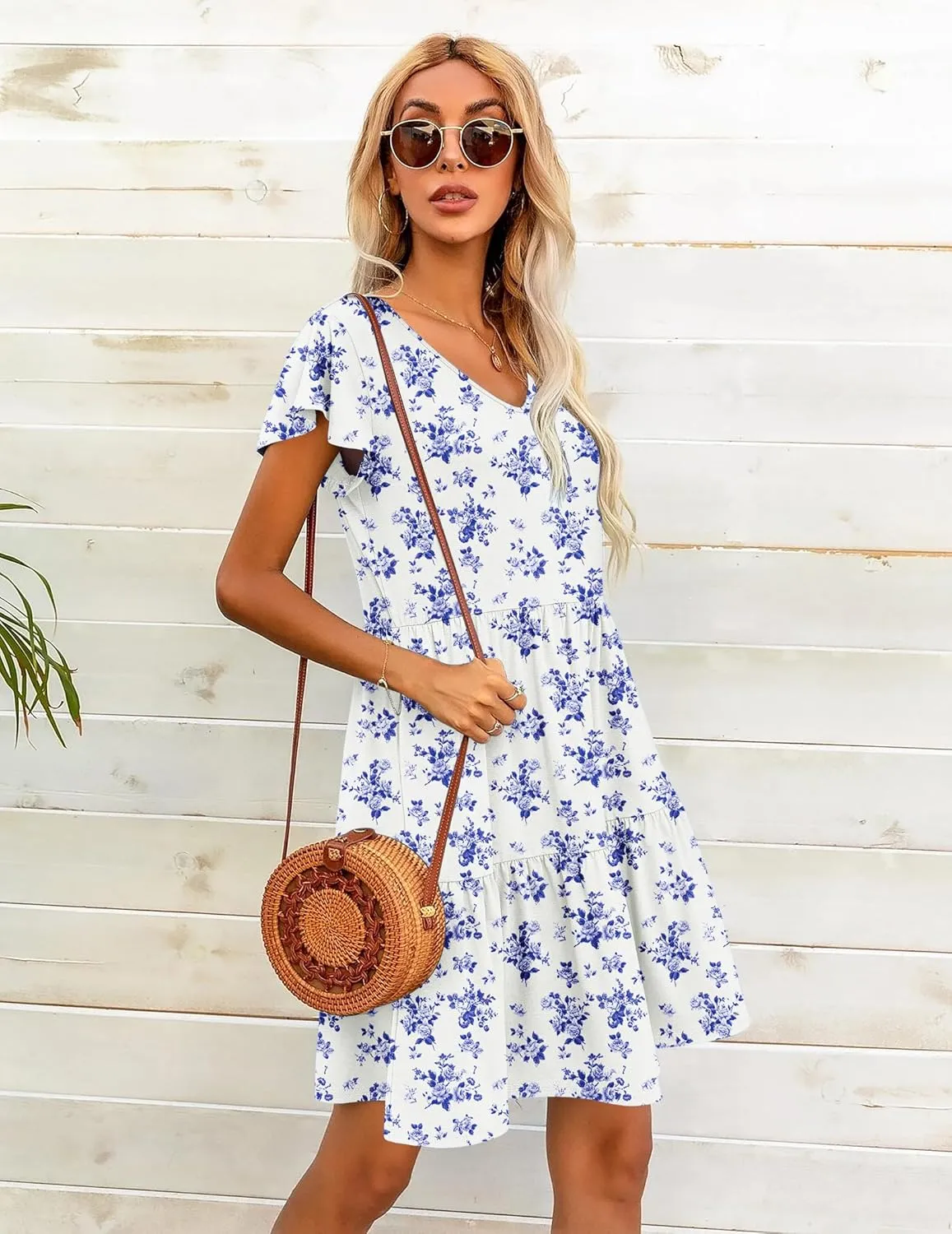 HOTOUCH Women's Casual Tiered Dress with Pockets V Neck Ruffle Dress Cap Sleeve Swing Mini Dress A-Line Dresses