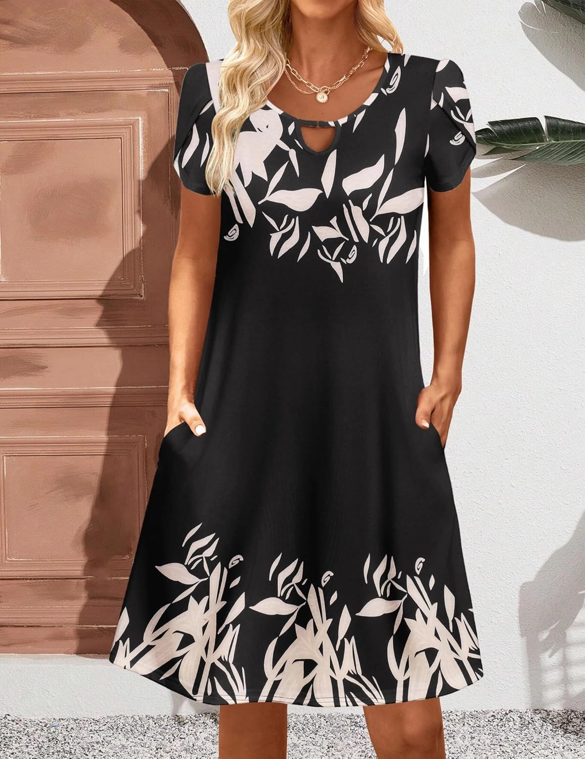 HOTOUCH Women's Casual A-Line Dress with Pockets Summer Beach Floral Tshirt Dress Short Sleeve Mini Dress Flowy Sundresses