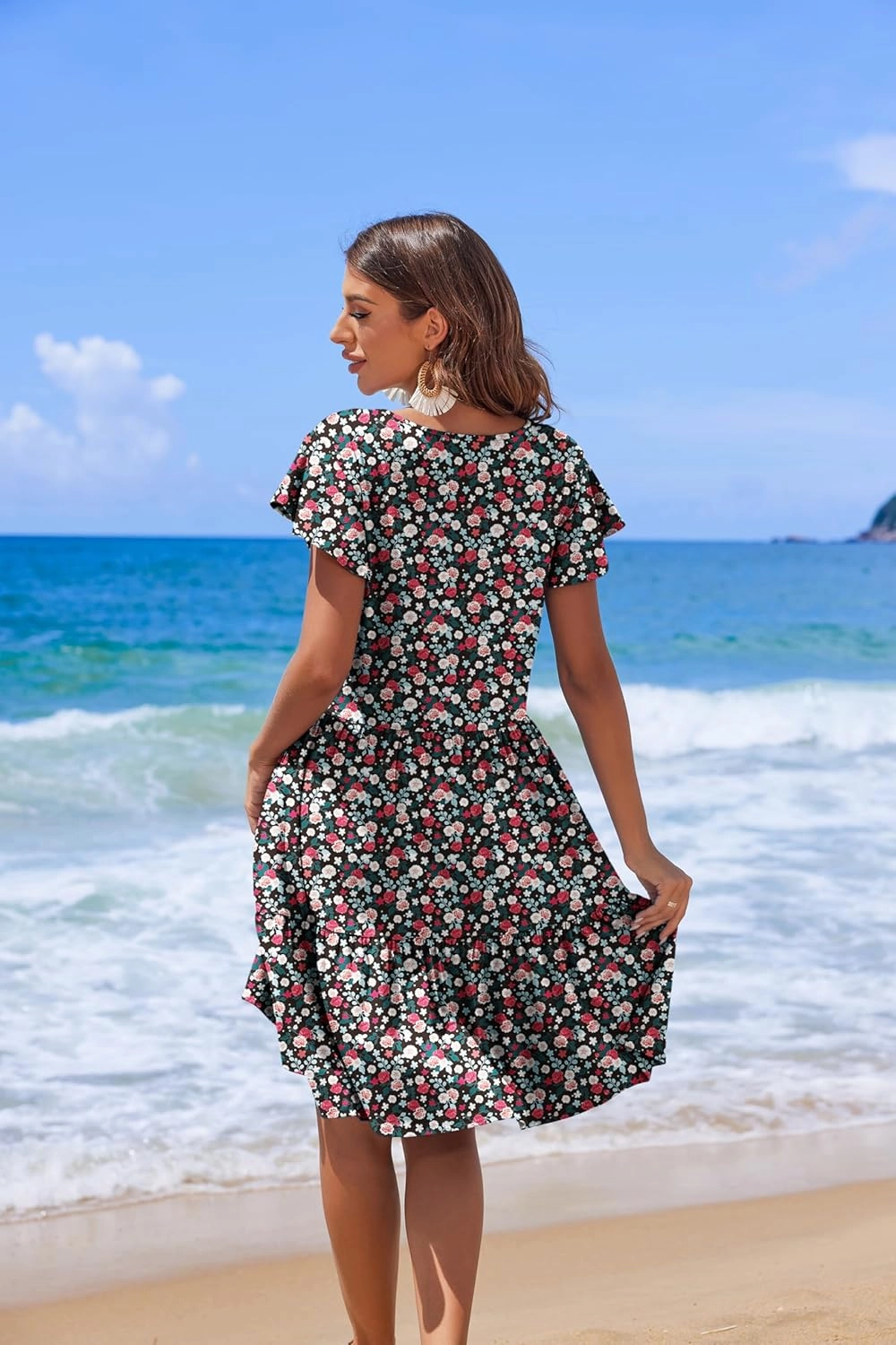 HOTOUCH Women's Casual Tiered Dress with Pockets V Neck Ruffle Dress Cap Sleeve Swing Mini Dress A-Line Dresses