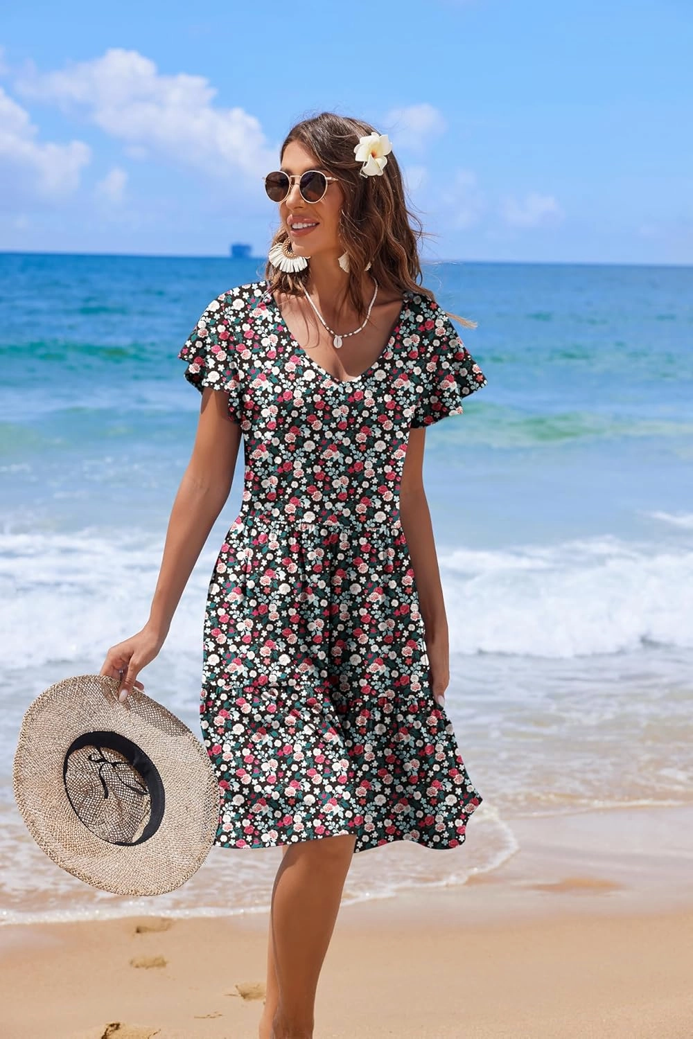 HOTOUCH Women's Casual Tiered Dress with Pockets V Neck Ruffle Dress Cap Sleeve Swing Mini Dress A-Line Dresses