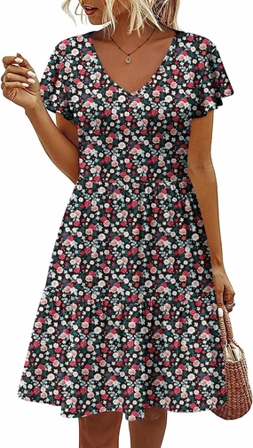 HOTOUCH Women's Casual Tiered Dress with Pockets V Neck Ruffle Dress Cap Sleeve Swing Mini Dress A-Line Dresses