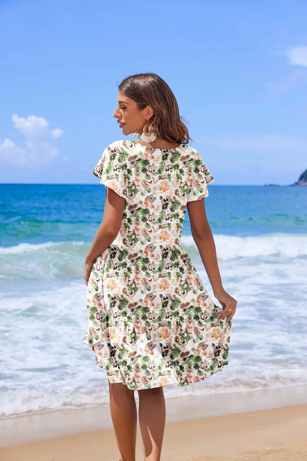 HOTOUCH Women's Casual Tiered Dress with Pockets V Neck Ruffle Dress Cap Sleeve Swing Mini Dress A-Line Dresses