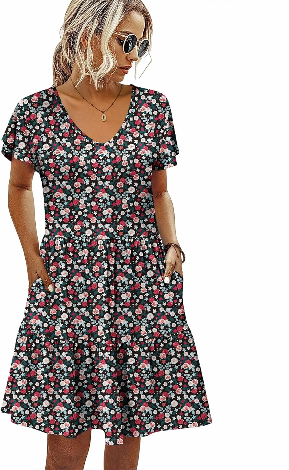 HOTOUCH Women's Casual Tiered Dress with Pockets V Neck Ruffle Dress Cap Sleeve Swing Mini Dress A-Line Dresses