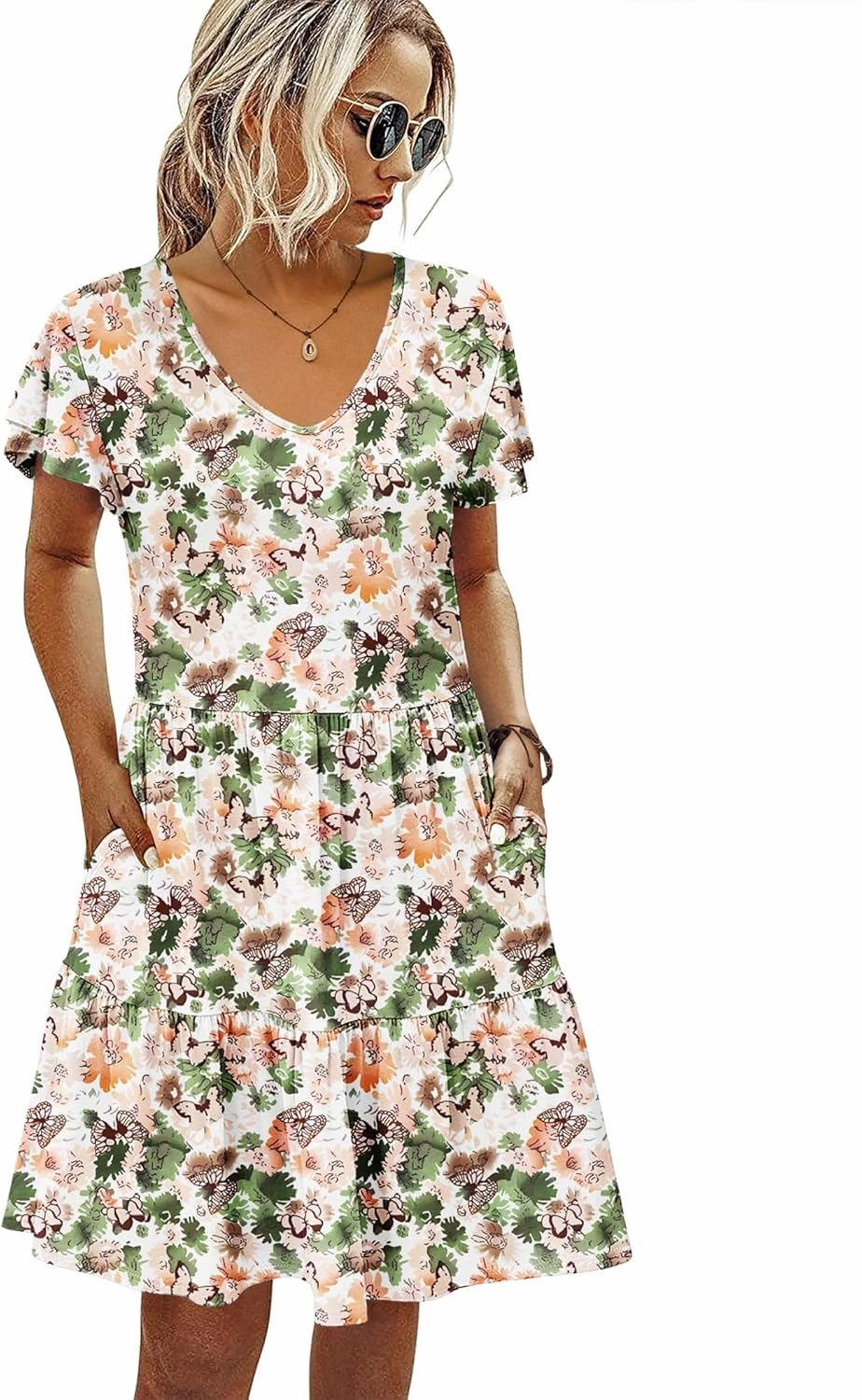 HOTOUCH Women's Casual Tiered Dress with Pockets V Neck Ruffle Dress Cap Sleeve Swing Mini Dress A-Line Dresses