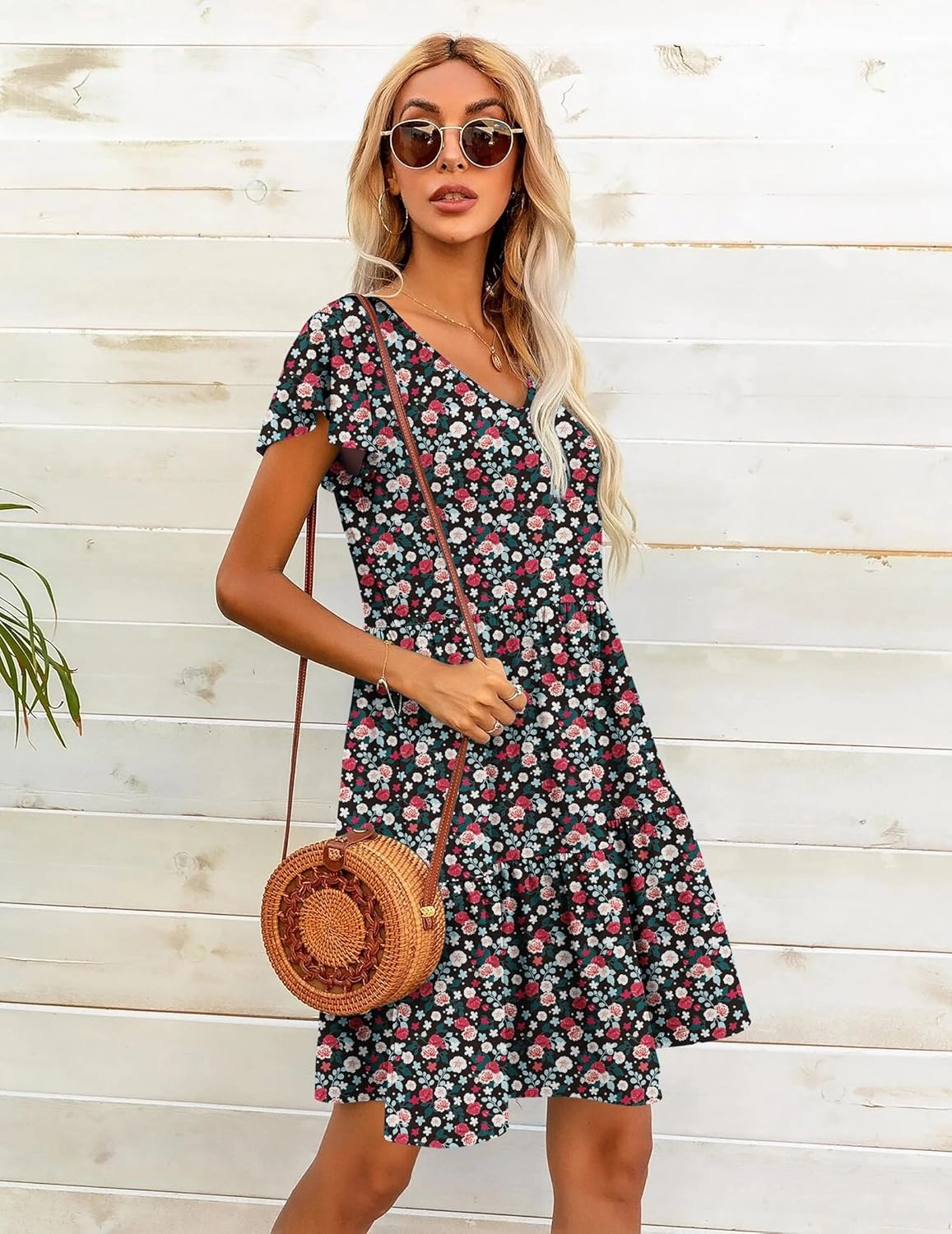 HOTOUCH Women's Casual Tiered Dress with Pockets V Neck Ruffle Dress Cap Sleeve Swing Mini Dress A-Line Dresses