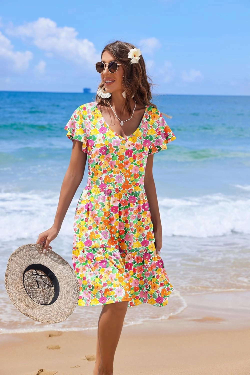 HOTOUCH Women's Casual Tiered Dress with Pockets V Neck Ruffle Dress Cap Sleeve Swing Mini Dress A-Line Dresses