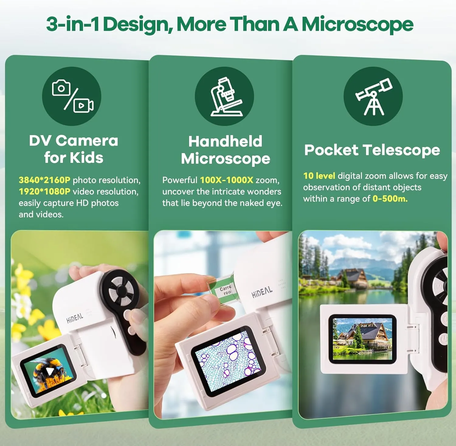 HP20 IPS Microscope for Kids: [3-in-1] [Easy and Fun] 2" Portable Handheld Microscope Miniscope, Pocket Mini Scope Educational Science Kit, Birthday Gifts for Kids, 32GB, White