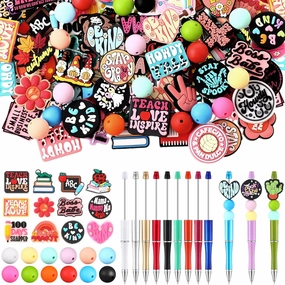 Humyoun 122 Pcs Silicone Focal Beads for DIY Pens Making Kit Include 12 Beadable Pens 110 Silicone Focal Beads for Pen Keychains DIY Making