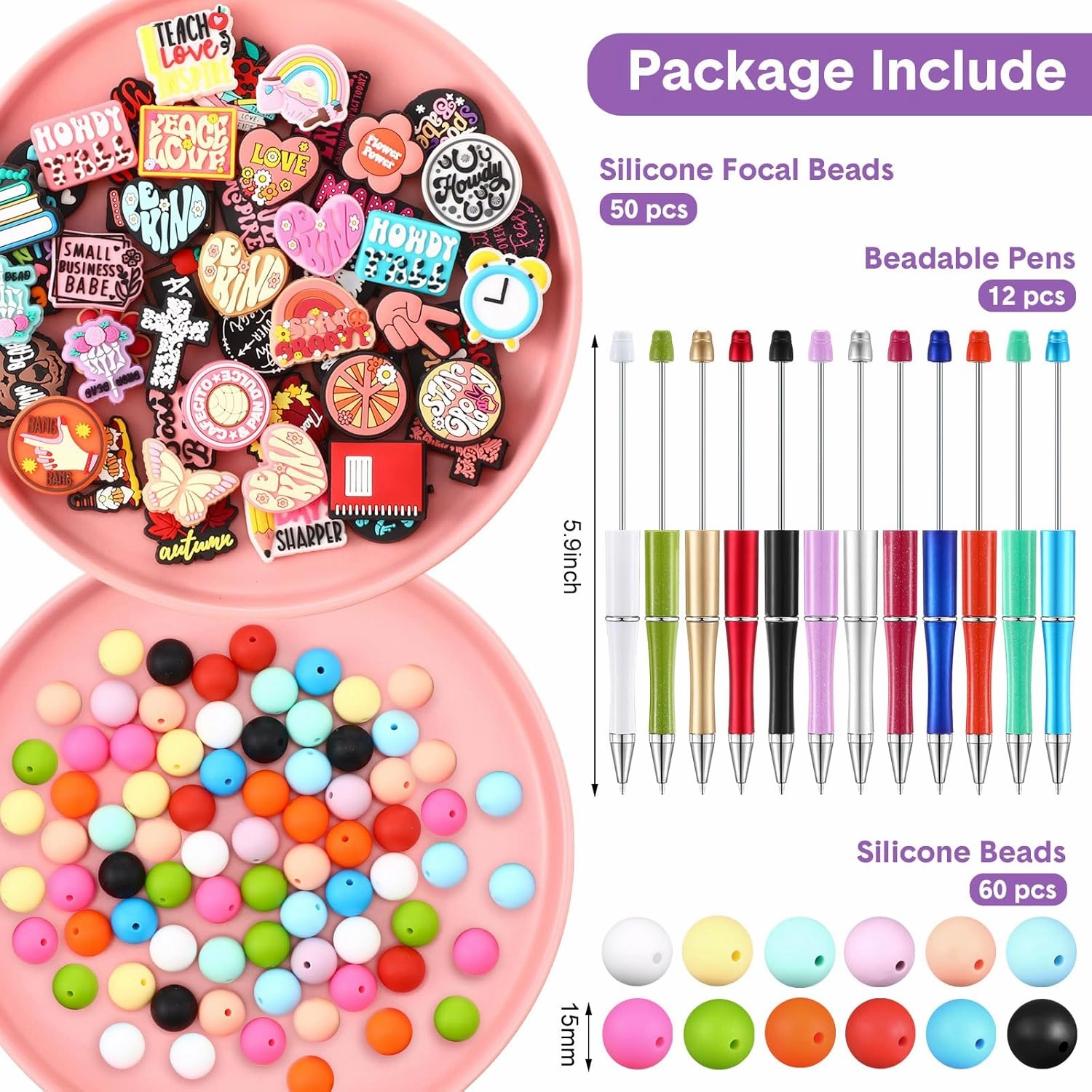Humyoun 122 Pcs Silicone Focal Beads for DIY Pens Making Kit Include 12 Beadable Pens 110 Silicone Focal Beads for Pen Keychains DIY Making