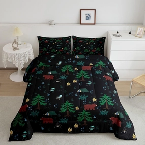 Hunting Bear Comforter Set Twin Size, Happy Camping Bedding Set for Kids, Camper Theme Down Comforter, Pine Tree Woodland Duvet Set, Wild Animals Bedding Comforter Sets Bedroom Decor, 2Pcs Black