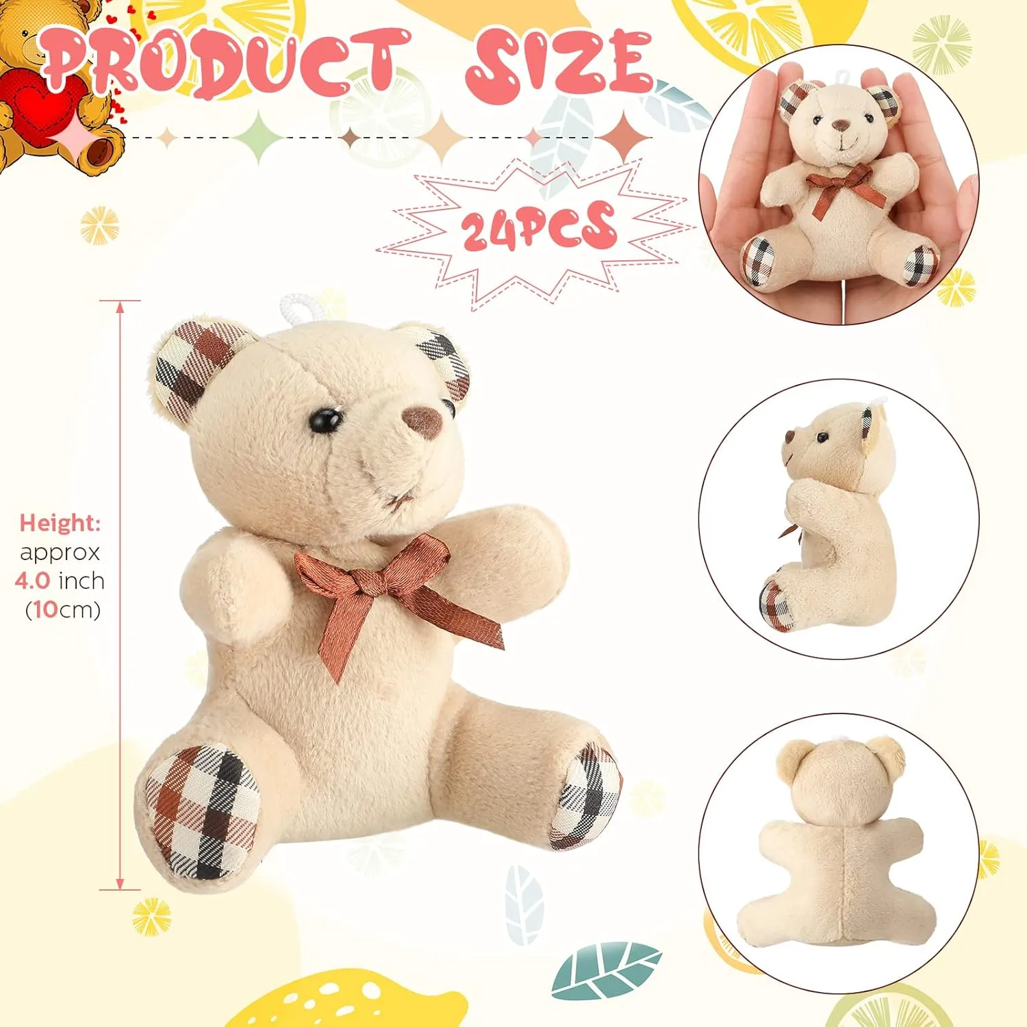 HyDren 24 Pcs Mini Bear Stuffed Animal 4 Inch Small Soft Tiny Bear Bulk Animal Doll Keychain for Birthday Baby Shower Party Decor(Light Brown, Dark Brown, Pink, Beige)