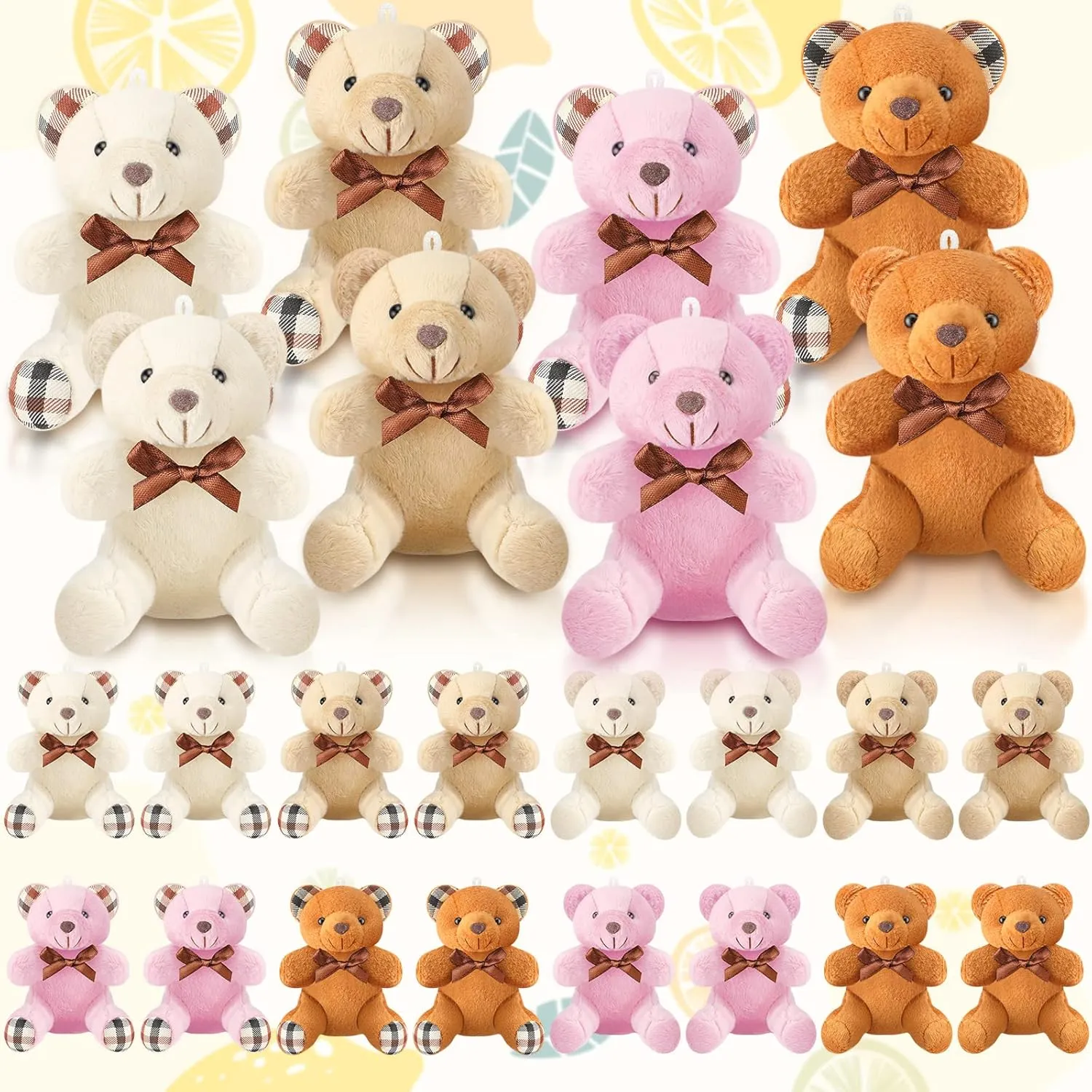 HyDren 24 Pcs Mini Bear Stuffed Animal 4 Inch Small Soft Tiny Bear Bulk Animal Doll Keychain for Birthday Baby Shower Party Decor(Light Brown, Dark Brown, Pink, Beige)
