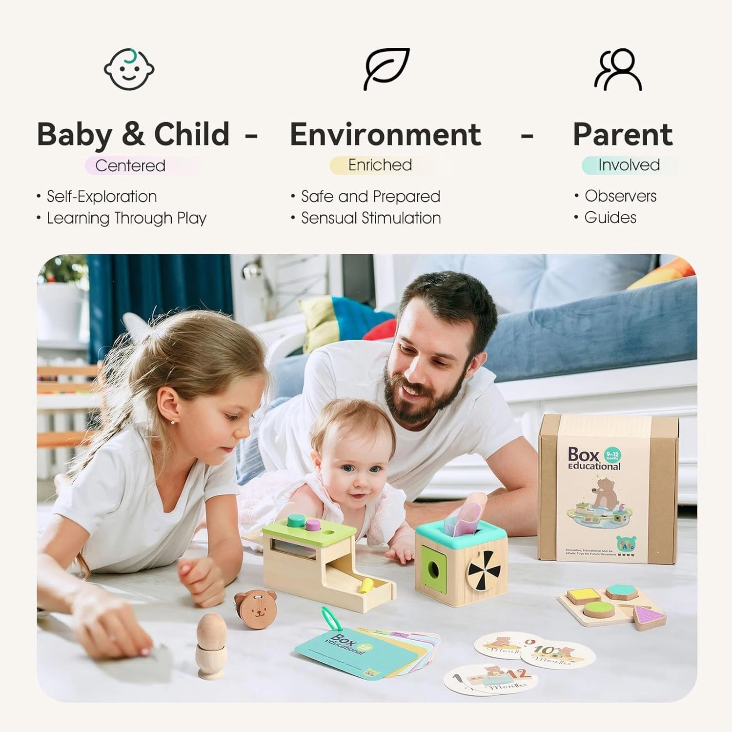 IEATFO Montessori Baby Learning Toys, 9-12 Months, 7-in-1 Wooden Playful Learning Toys with Egg Cup, Castanets, Magic Tissue Box, Shape Puzzle, Cylinder Drop Box & More