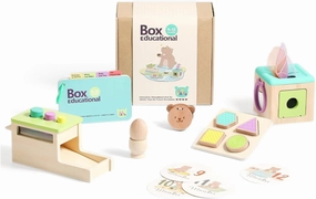 IEATFO Montessori Baby Learning Toys, 9-12 Months, 7-in-1 Wooden Playful Learning Toys with Egg Cup, Castanets, Magic Tissue Box, Shape Puzzle, Cylinder Drop Box & More