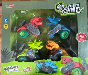 Impact Transforming Dinosaur Cars, Set of 4. Four Friction Powered Stunt Cars Transform Instantly on Impact.