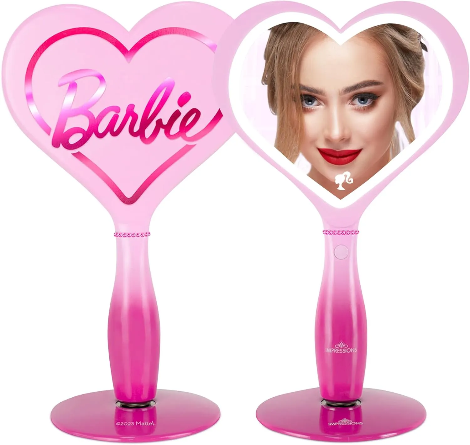 Impressions Vanity Barbie LED Handheld Makeup Mirror with Standing Base, Portable Travel Hand Held Mirror with Heart Shaped Lighting, Adjustable Brightness, Magnetic Ball Stand