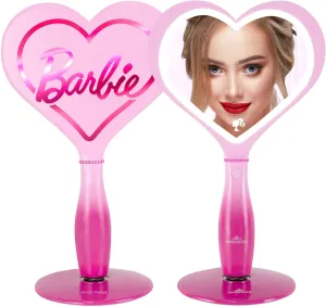 Impressions Vanity Barbie LED Handheld Makeup Mirror with Standing Base, Portable Travel Hand Held Mirror with Heart Shaped Lighting, Adjustable Brightness, Magnetic Ball Stand