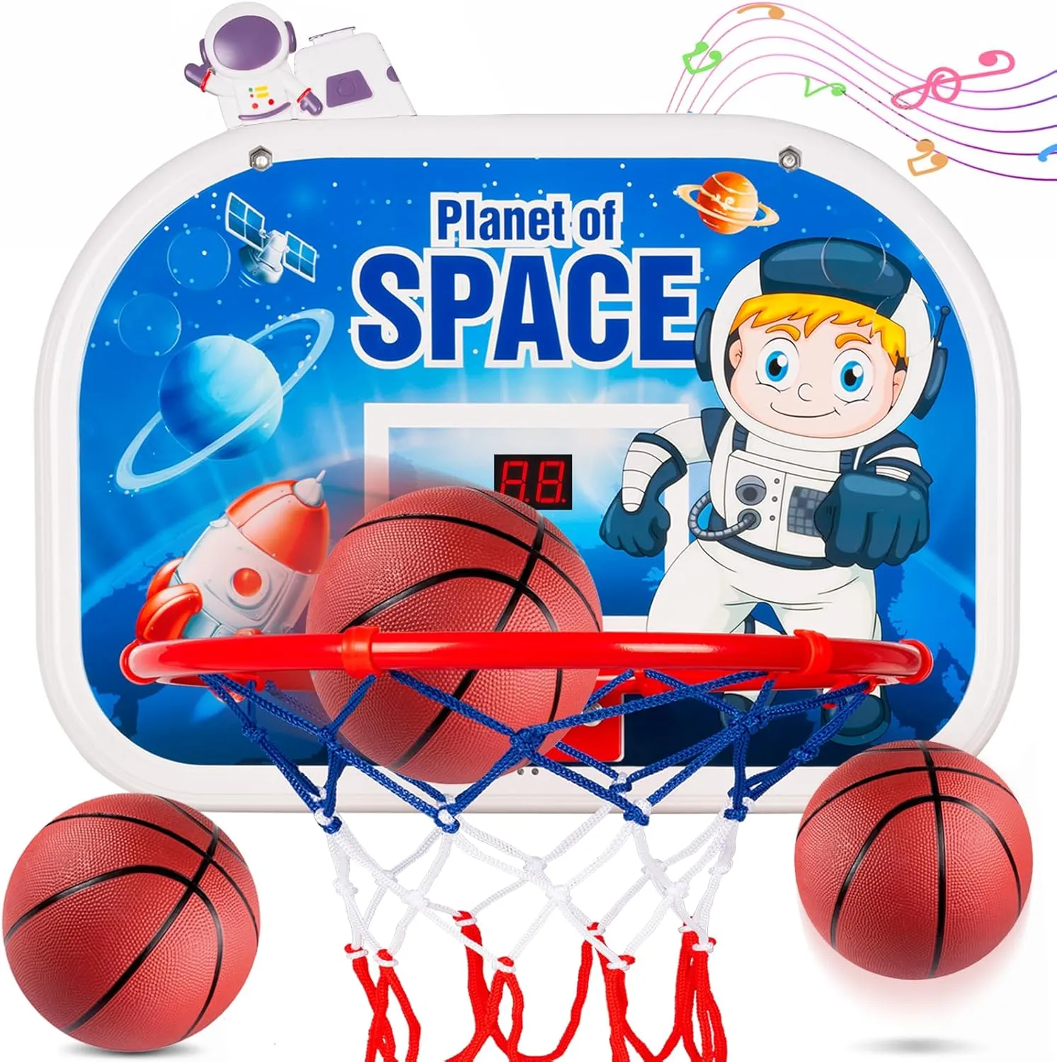 Indoor Basketball Hoop for Kids, Mini Basketball Hoop Over The Door, Cartoon Kids Basketball Shooting Toys for Boys Age 5 6 7 8 9 10 , Mini Hoop with Electronic Scoreboard & 3 Balls