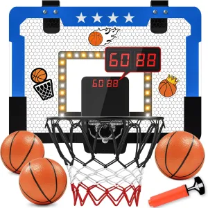 Indoor Basketball Hoop for Kids, Mini Basketball Hoop with Double Electronic Scoreboard and LED Light, Over The Door Basketball Gifts Toys for 5 6 7 8 9 10 11 12 Year Old Boys (East Blue)