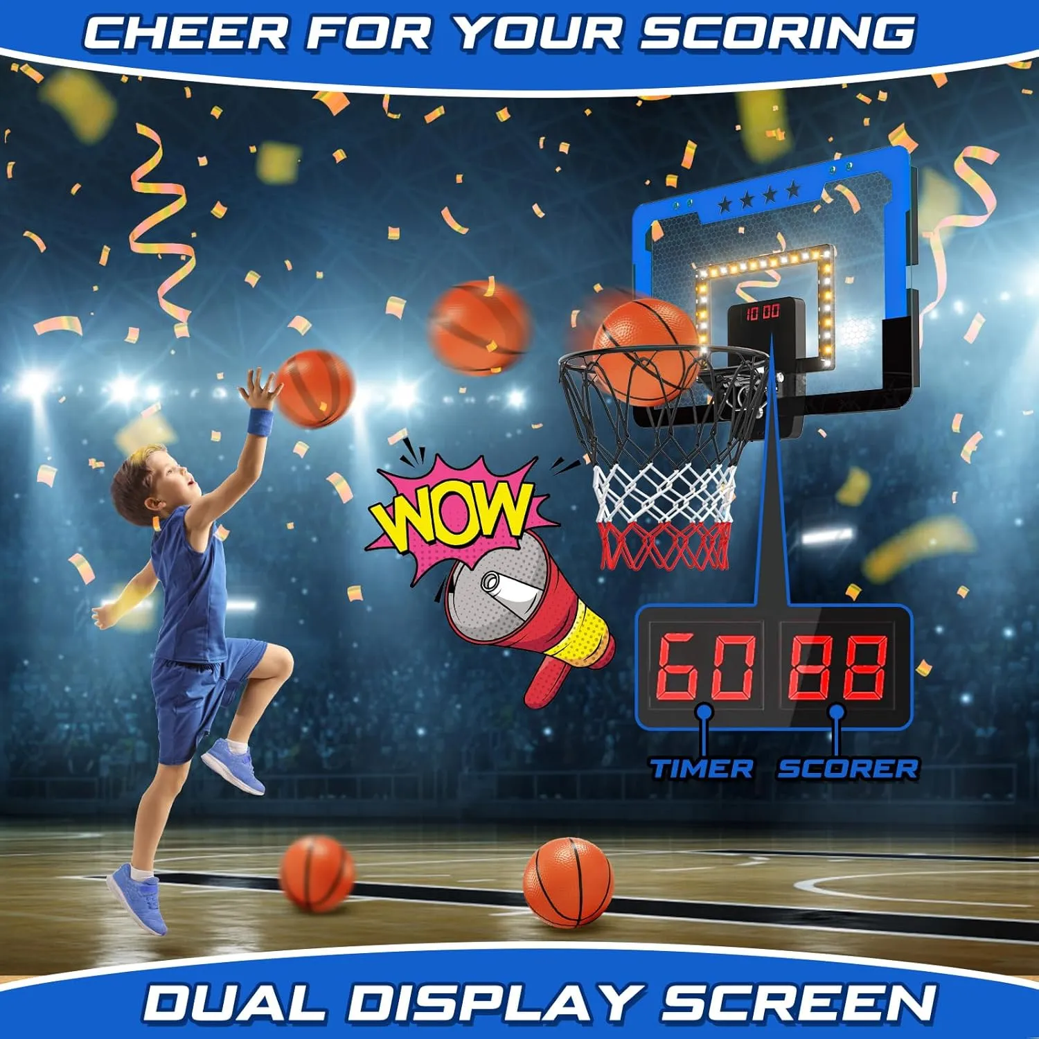 Indoor Basketball Hoop for Kids, Mini Basketball Hoop with Double Electronic Scoreboard and LED Light, Over The Door Basketball Gifts Toys for 5 6 7 8 9 10 11 12 Year Old Boys (East Blue)