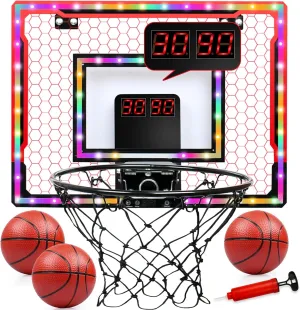 Indoor Basketball Hoop for Kids, Over The Door Mini Basketball Hoop with Multi-Color LED Lighting & Dual Scoreboard, Indoor Basketball Game Toy for Boys Girls 3  Years Old