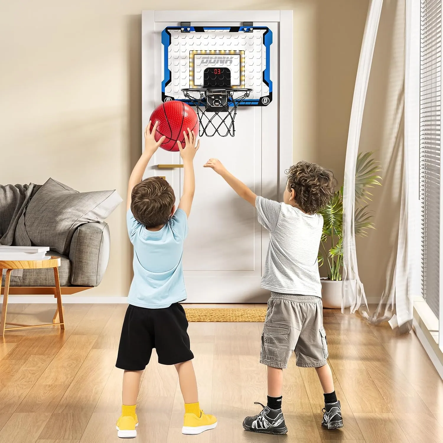 Indoor Basketball Hoop for Kids, Over The Door Mini Basketball Hoops, LED Light Mini Hoop with Scoreboard & 4 Balls, Kids Basketball Hoop Sport Toys Gifts for 5 6 7 8 9 10 11 12 Year Old Boys