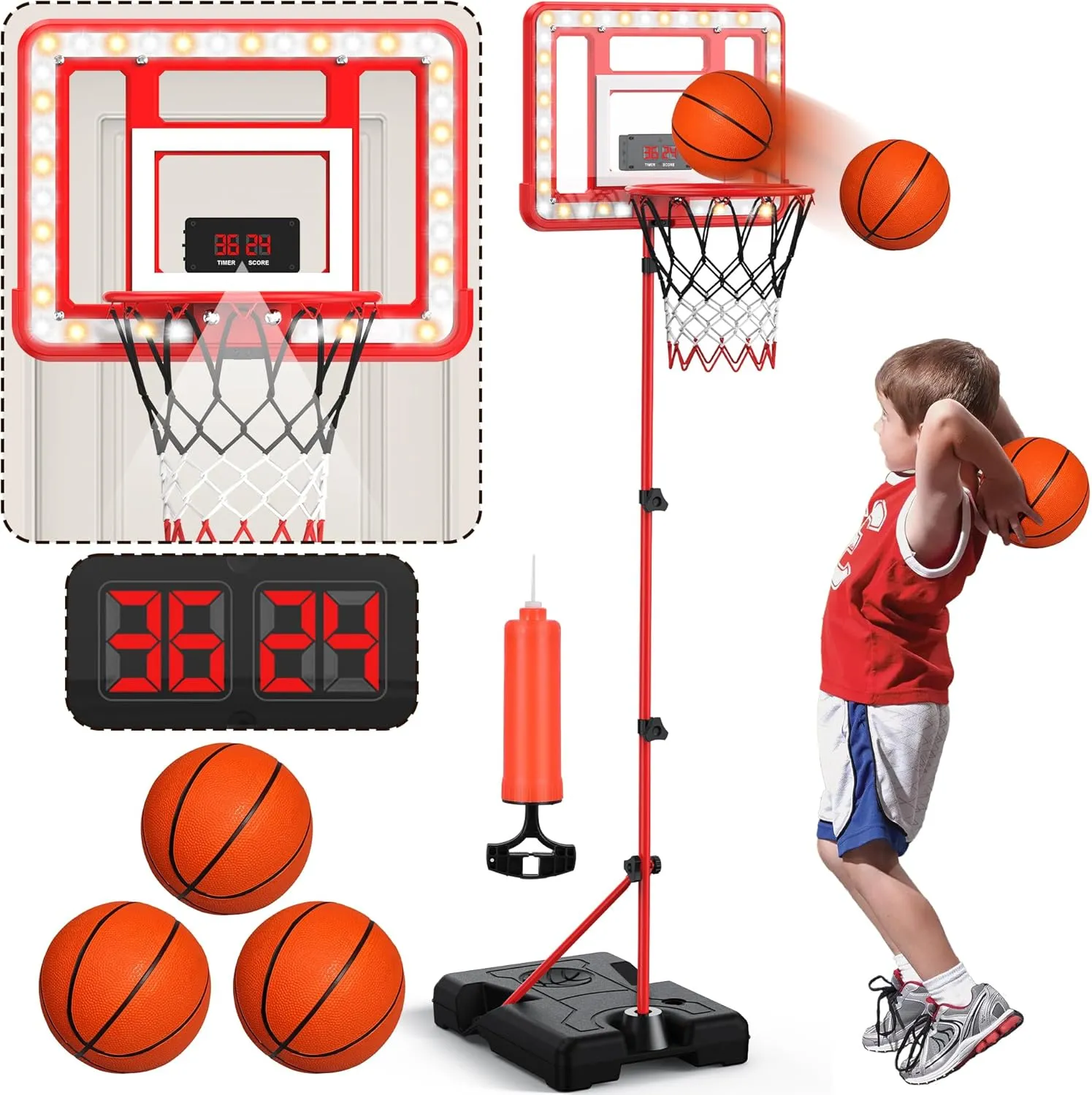Indoor Mini Basketball Hoop with Scoreboard & Timer, Kids Toddler Adjustable Height 3ft-5.8ft Stand Basketball Hoop Goal Toy for Outdoor Backyard,Sports Game for Boys Age 3-12