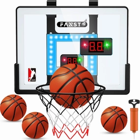 Indoor Basketball Hoop for Kids, Over The Door Basketball Hoop with LED Cheering, Anti-Impact, 2 Game Mode& Mute Mode, Mini Door Room Basketball Toy Gift with 4 Ball for 5 6 7 8 9 10 11 12 Old Boys