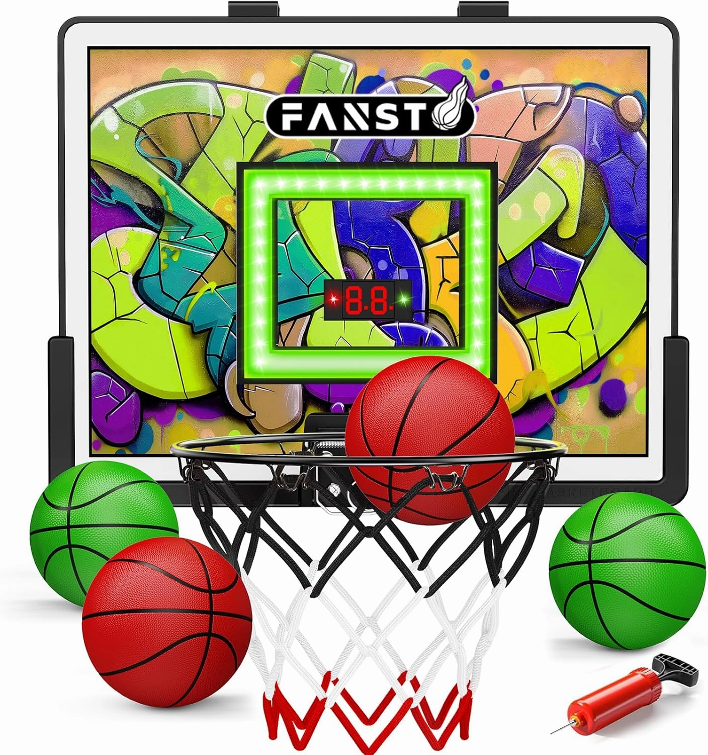 Indoor Basketball Hoop for Kids, Over The Door Basketball Hoop with LED Cheering, Anti-Impact, 2 Game Mode& Mute Mode, Mini Door Room Basketball Toy Gift with 4 Ball for 5 6 7 8 9 10 11 12 Old Boys