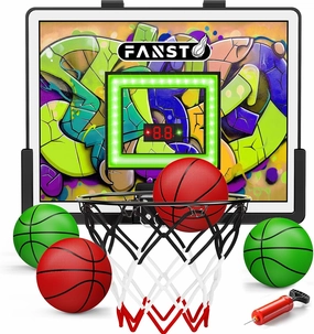Indoor Basketball Hoop for Kids, Over The Door Basketball Hoop with LED Cheering, Anti-Impact, 2 Game Mode& Mute Mode, Mini Door Room Basketball Toy Gift with 4 Ball for 5 6 7 8 9 10 11 12 Old Boys