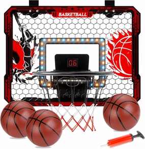 Indoor Basketball Hoop Toy for Kids, Mini Basketball Hoop Indoor with LED Lights, Over The Door Basketball Hoop with Scoreboard & 3 Balls, Basketball Toys Gifts for 5 6 7 8 9 10 11 12 Year Old Boys