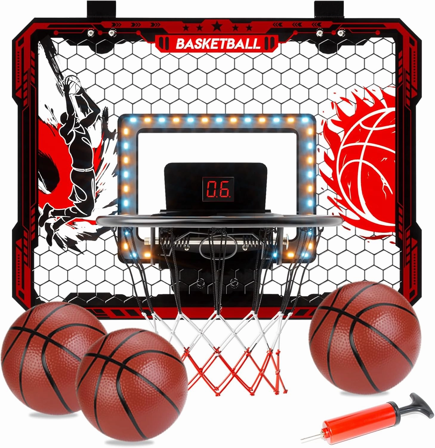 Indoor Basketball Hoop Toy for Kids, Mini Basketball Hoop Indoor with LED Lights, Over The Door Basketball Hoop with Scoreboard & 3 Balls, Basketball Toys Gifts for 5 6 7 8 9 10 11 12 Year Old Boys