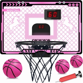 Indoor Basketball Hoop with Electronic Scoreboard and LED Light, Pink Over The Door Basketball Toy, for Kids Aged 4, 5, 6, 7, 8 Years Old