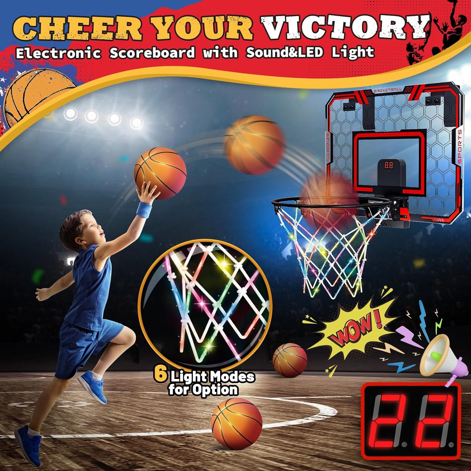 Indoor Mini Basketball Hoop for Kids, Over The Door Basketball Hoop with LED Lighting Nets, Audio Scoreboard and Remote Controller, Boy Basketball Toys for Kids 5 6 7 8 9 10 11 12 Years Old