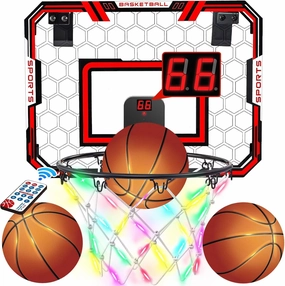 Indoor Mini Basketball Hoop for Kids, Over The Door Basketball Hoop with LED Lighting Nets, Audio Scoreboard and Remote Controller, Boy Basketball Toys for Kids 5 6 7 8 9 10 11 12 Years Old