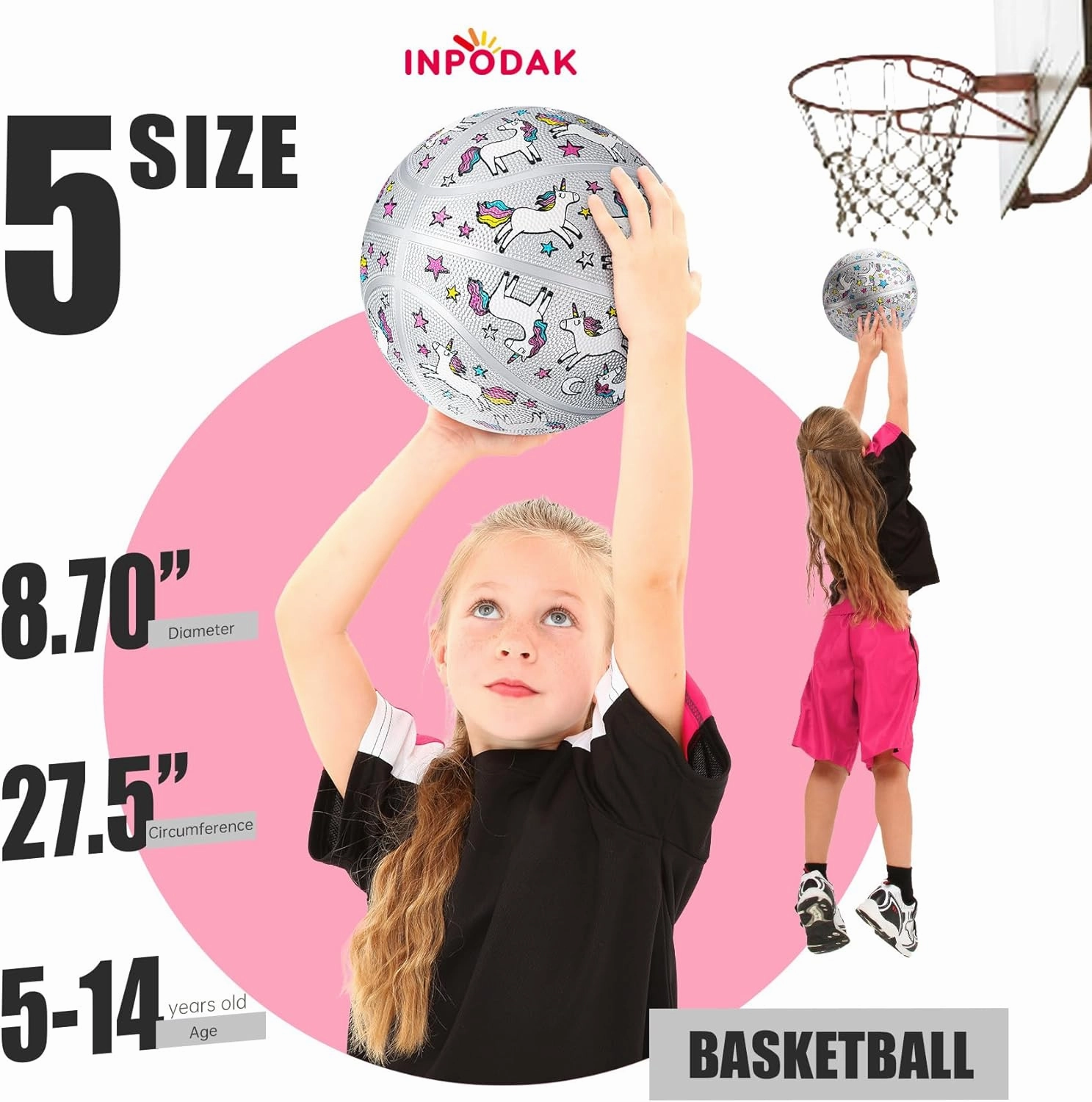 INPODAK Size 5 Basketball for Kids, Outdoor Basketball 27.5 Inch, Indoor Sport Ball with Pump and Mesh Bag, for Girls Boys Youth Birthdays, Christmas, Back-to-School and Parties