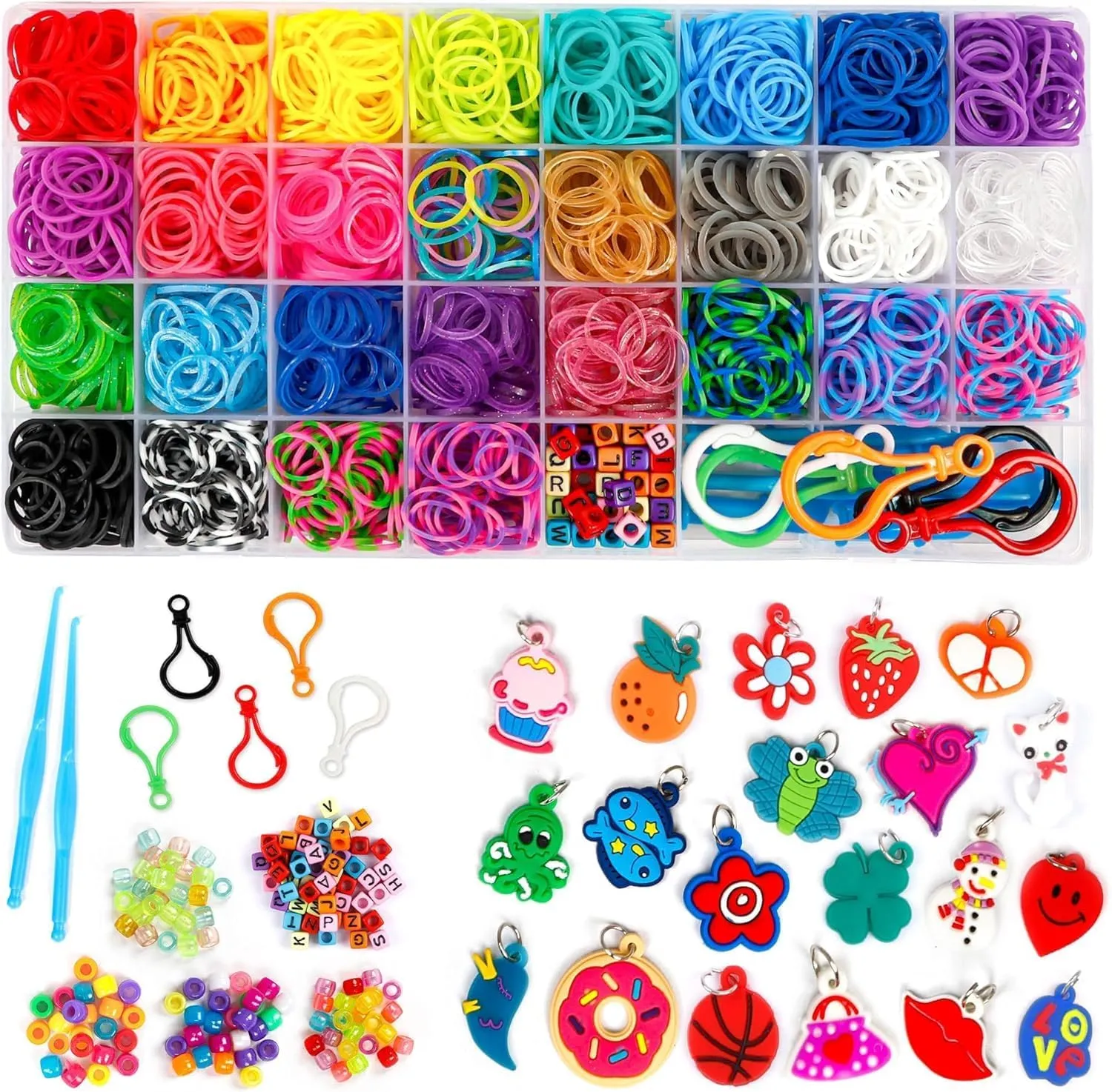 Inscraft 2600  Loom Bands Set: Colorful Rubber Bands in 28 Colors with Container, 100 Clips, 152 Beads, 20 Pendant, 5 Backpack Hooks, 1 Instruction, Bracelet Making Refill Kit for Kids…