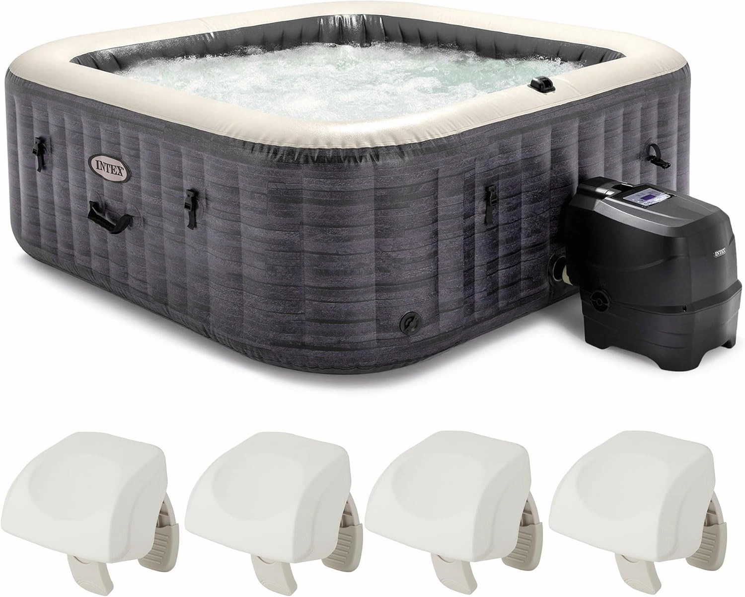 Intex PureSpa Plus Greystone Square Hot Tub 6 Person Inflatable 94" Outdoor Relaxing 170 AirJet Spa Bundled with 4 PureSpa Cushioned Headrest Pillows