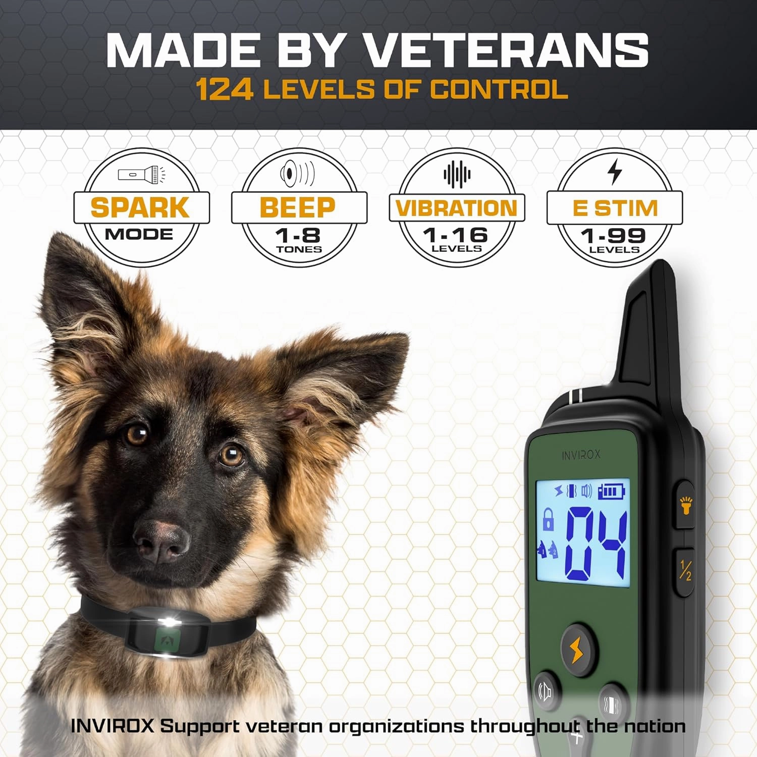 INVIROX Training Collar for Large Dog [Spark K9] 124 Levels Dog Training Collar with Remote 1100yd Range, Night-Light Mode Dog E Collar for Medium Dogs IP67 Waterproof (Spark K9)