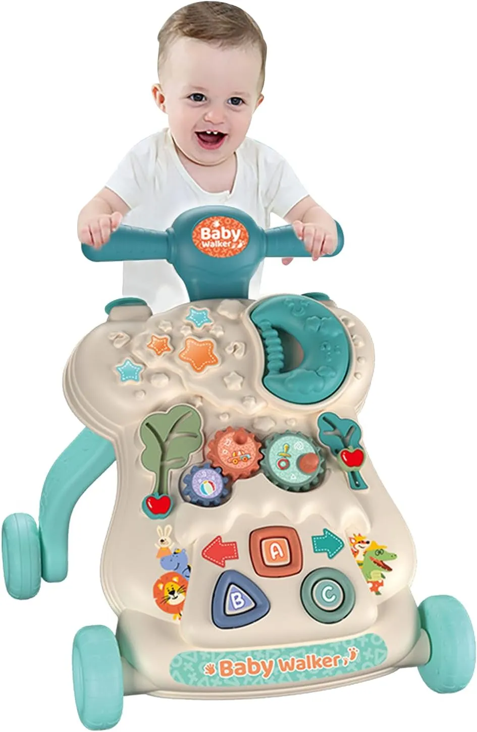 IoF Baby Push Walker, Walker for Baby Boy Girl 6-12 Months with Educational Play Learning Panel, Sit-to-Stand Walkers, Child Activity Center & Toys for 12-18 Months Baby Boys Girls(Green Moon)