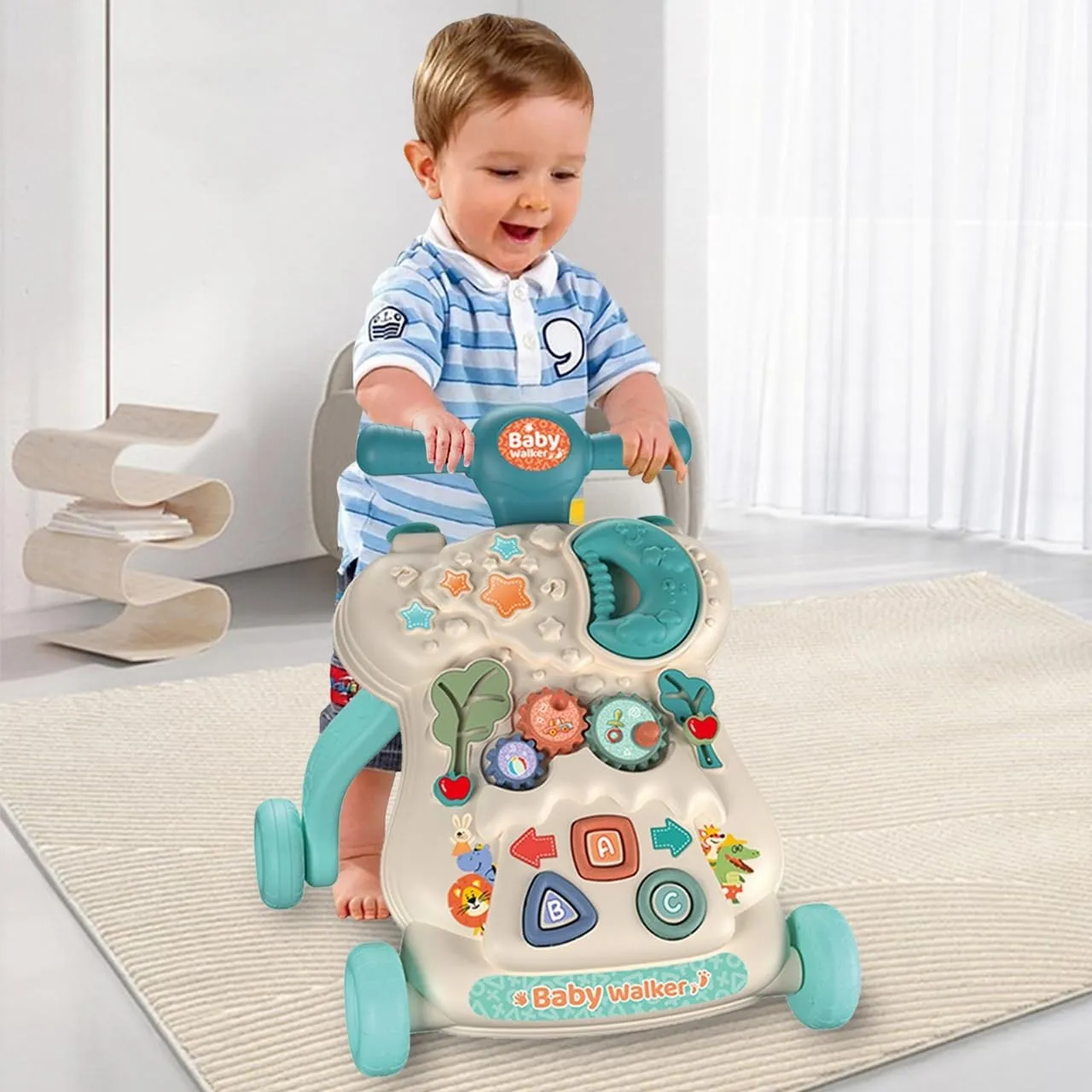 IoF Baby Push Walker, Walker for Baby Boy Girl 6-12 Months with Educational Play Learning Panel, Sit-to-Stand Walkers, Child Activity Center & Toys for 12-18 Months Baby Boys Girls(Green Moon)