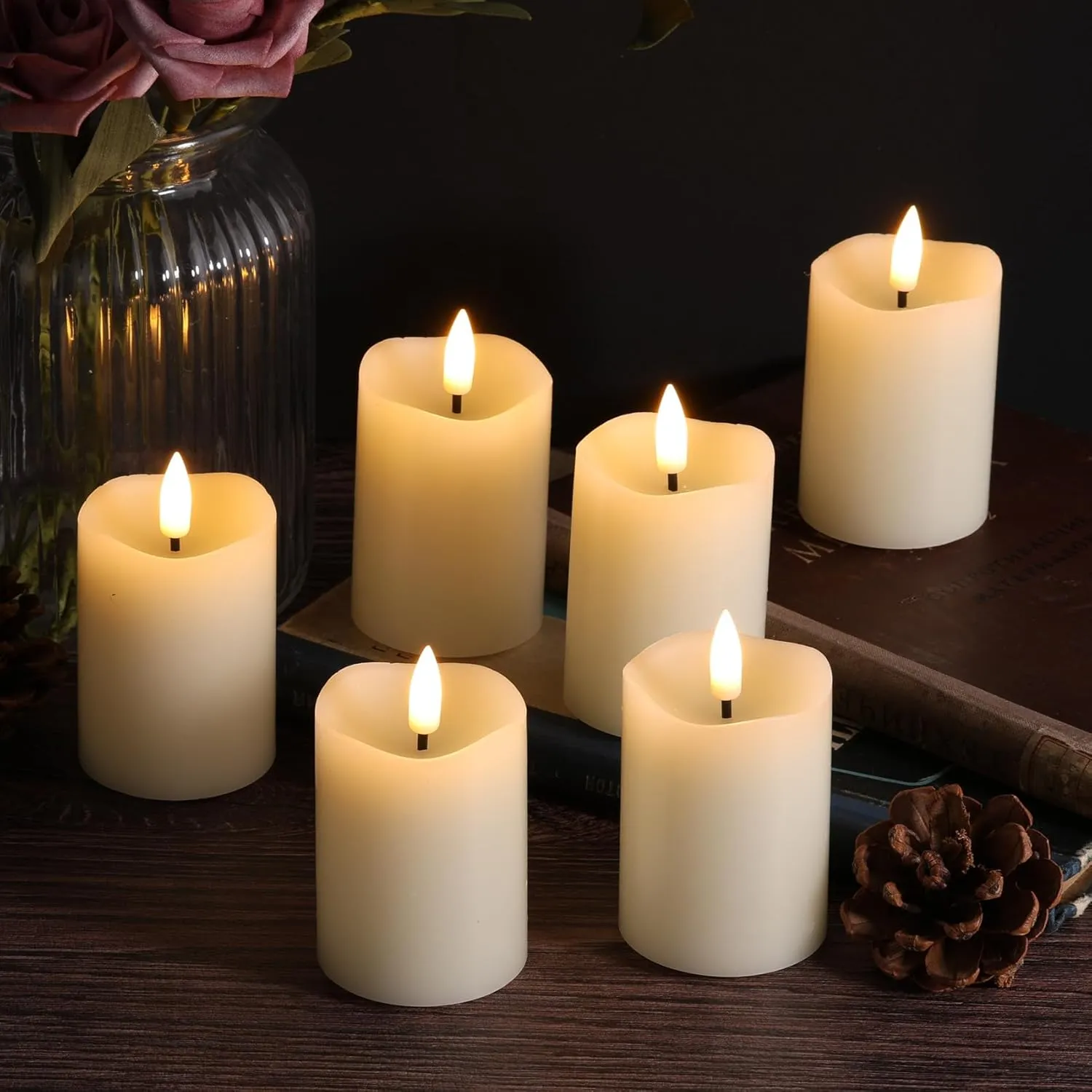 Ivory Real Wax Flameless Votive Candles with Timer, 2x3 inch Flickering LED Pillar Candles Battery Operated Set of 6
