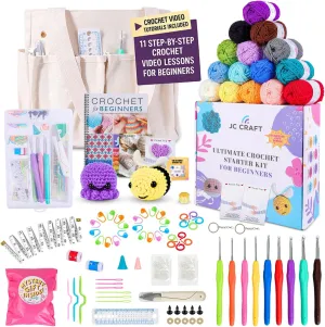 JC Craft Beginner Crochet Kit – 81 Piece Starter Set with 15 Colorful Yarns, Ergonomic Hooks, Complete Supplies, White Tote Bag, Accessories Case, Guide Book & Online Video Lessons