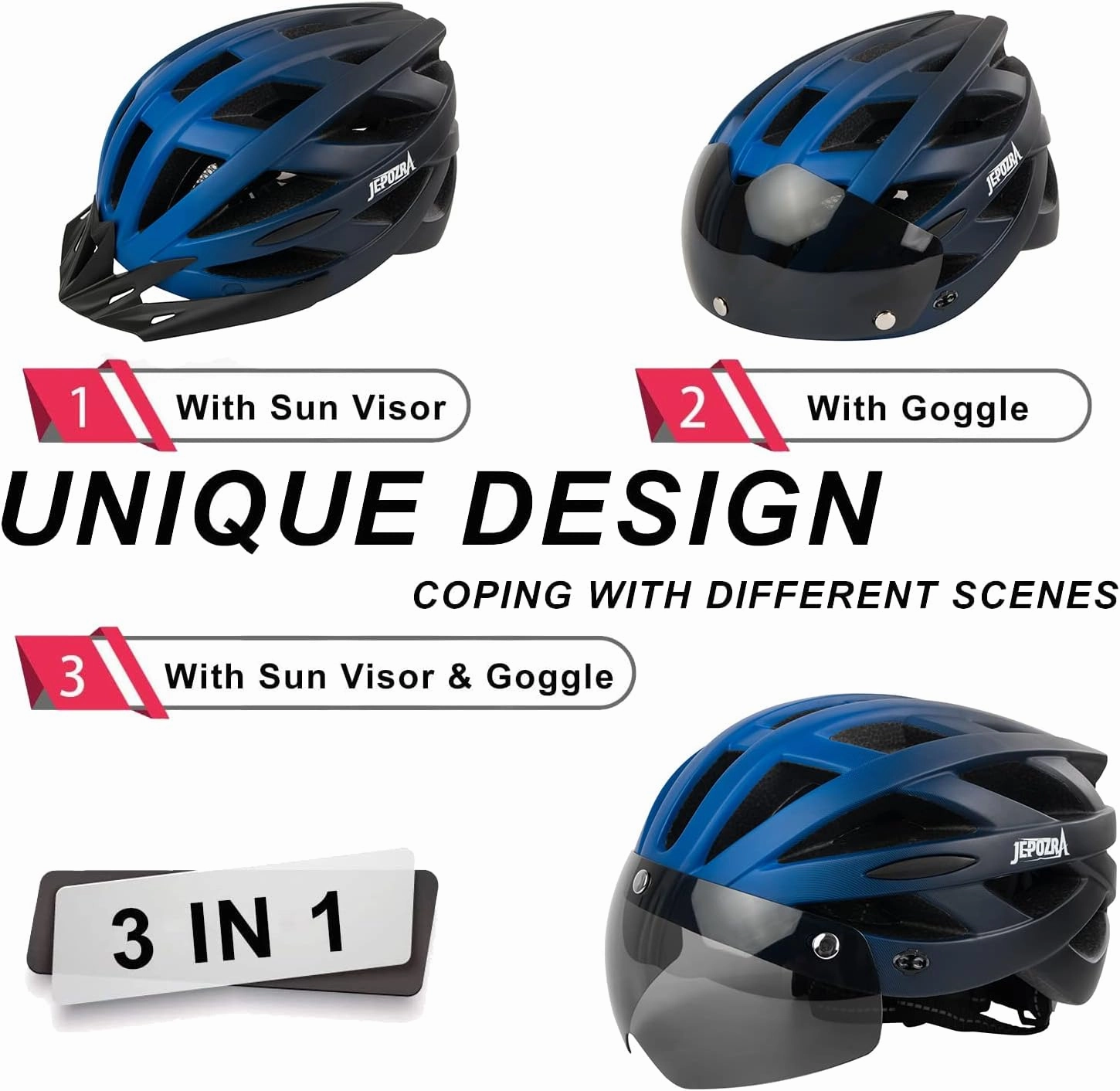 JEPOZRA Bike Helmet for Men Women Bicycle Helmet with Removable Visor & Magnetic Goggles Adjustable Size Safety Breathable Mountain & Road Bicycle Helmets Adult Cycling Helmets with Taillight