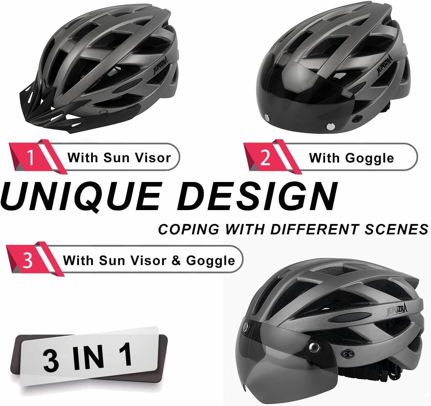 JEPOZRA Bike Helmet for Men Women Bicycle Helmet with Removable Visor & Magnetic Goggles Adjustable Size Safety Breathable Mountain & Road Bicycle Helmets Adult Cycling Helmets with Taillight
