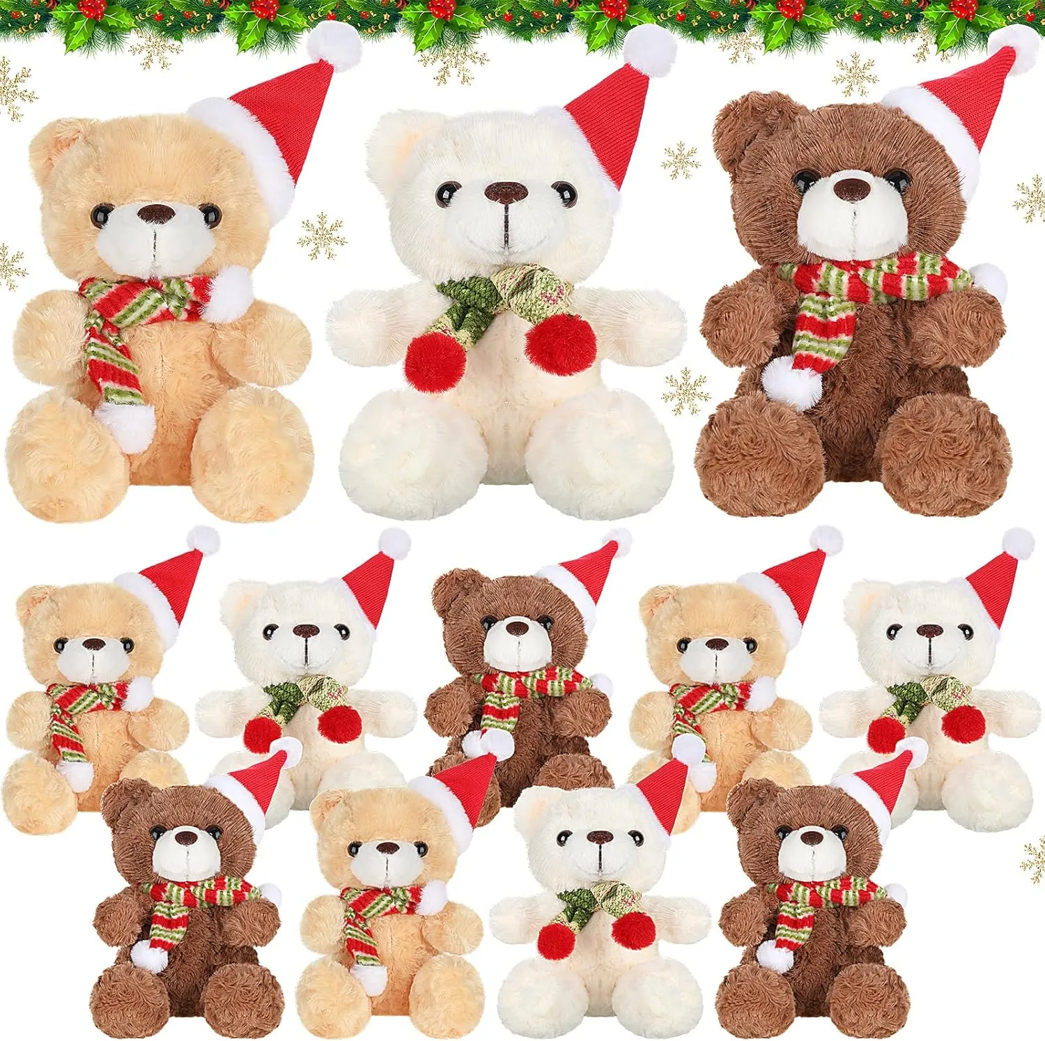 Jerify 12 Pieces Christmas Bear Stuffed Animal Christmas Bear Toys Winter Snowflake Scarf Plush White Stuffed Animals Bears Bulk for Holiday Girl Boy Birthday Gifts (Santa)