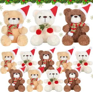 Jerify 12 Pieces Christmas Bear Stuffed Animal Christmas Bear Toys Winter Snowflake Scarf Plush White Stuffed Animals Bears Bulk for Holiday Girl Boy Birthday Gifts (Santa)