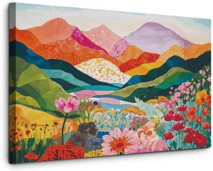 JINYO Abstract Colorful Boho Mountain Landscape Canvas Wall Art Framed, Maximalist Wall Decor, Maximalist Flowers Mountain Scenery Poster Prints for Home Bedroom Living Room Wall, 11x14 Inch