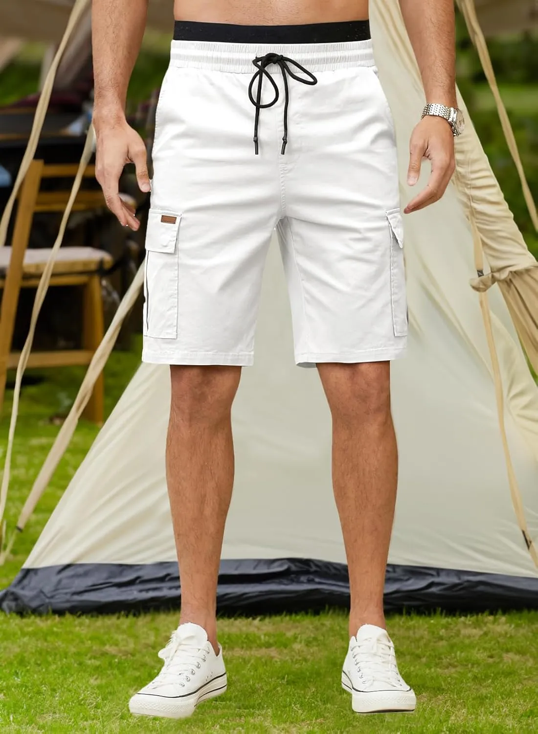 JMIERR Mens Casual Twill Cargo Shorts Cotton Drawstring Classic Cargo Stretch Short with 6 Pockets
